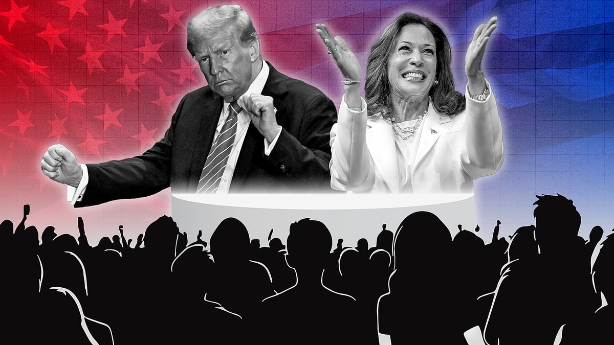 Trump and Harris with an illustration of a crowd of people watching them.