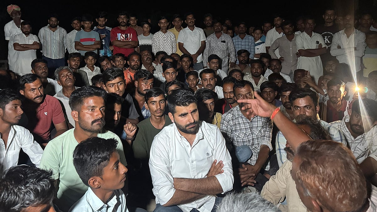 Sheo MLA Ravindra Singh Bhati outside a police station where 14 villagers were arrested in Jaisalmer on Wednesday.