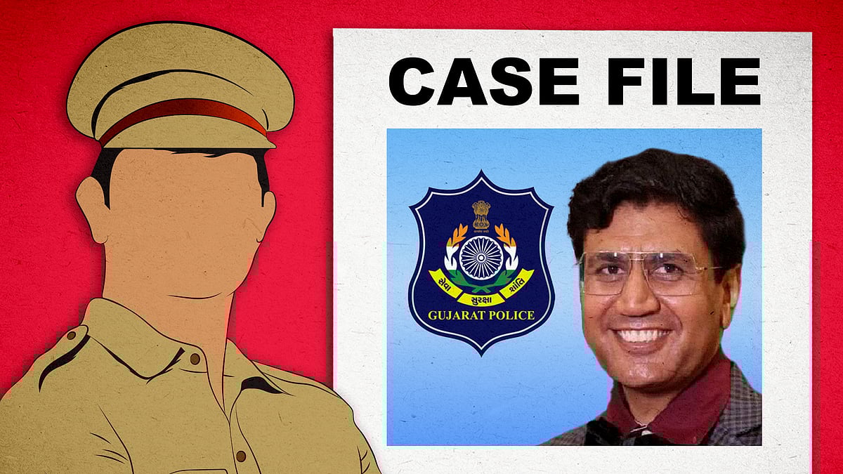 Poster of Mahesh Langa with the Gujarat police logo, alongside an illustration of a policeman. 