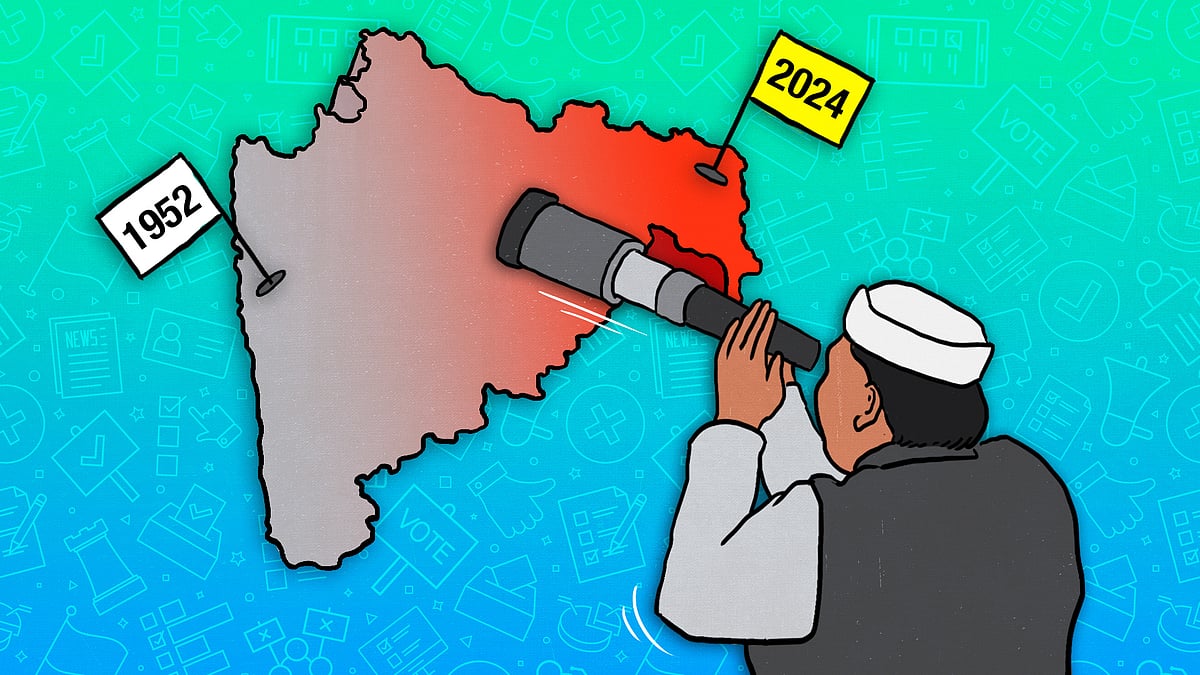 Illustration of a politician looking through a telescope at a map of Maharashtra with the dates 1952 and 2024.