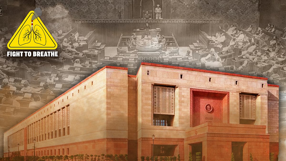 Parliament with a haze of smog. 