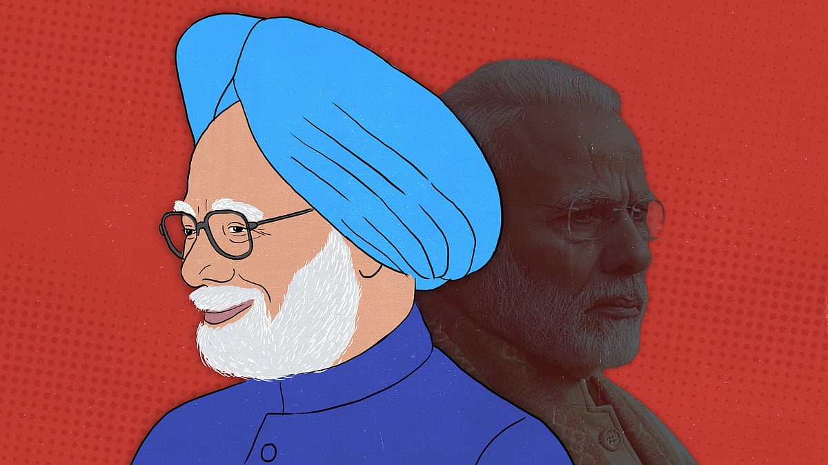 Illustration of Manmohan Singh with a picture of Narendra Modi in the background.