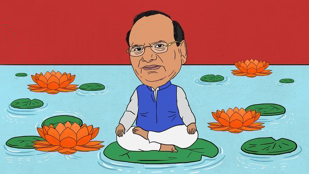 Illustration of Delhi LG Saxena sitting in a lotus pond.