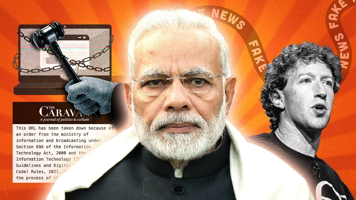 Modi with Zuckerberg, a laptop with chains, The Caravan notice about its story being taken down.