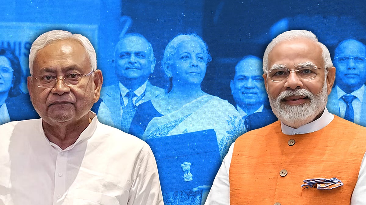Nitish Kumar and Narendra Modi, with an image of Nirmala Sitharaman in the background.