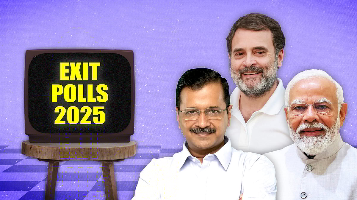 Exit Polls 2025 with cutouts of Arvind Kejriwal, Rahul Gandhi and Narendra Modi.