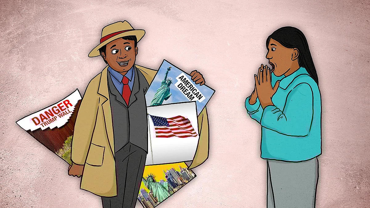 Illustration of an agent offering pictures of a life in America to a woman.