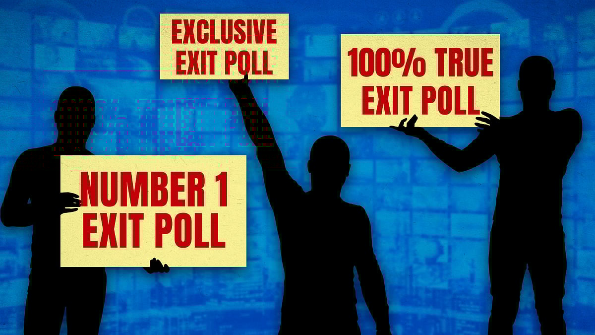 Silhouettes holding placards about exit polls. 