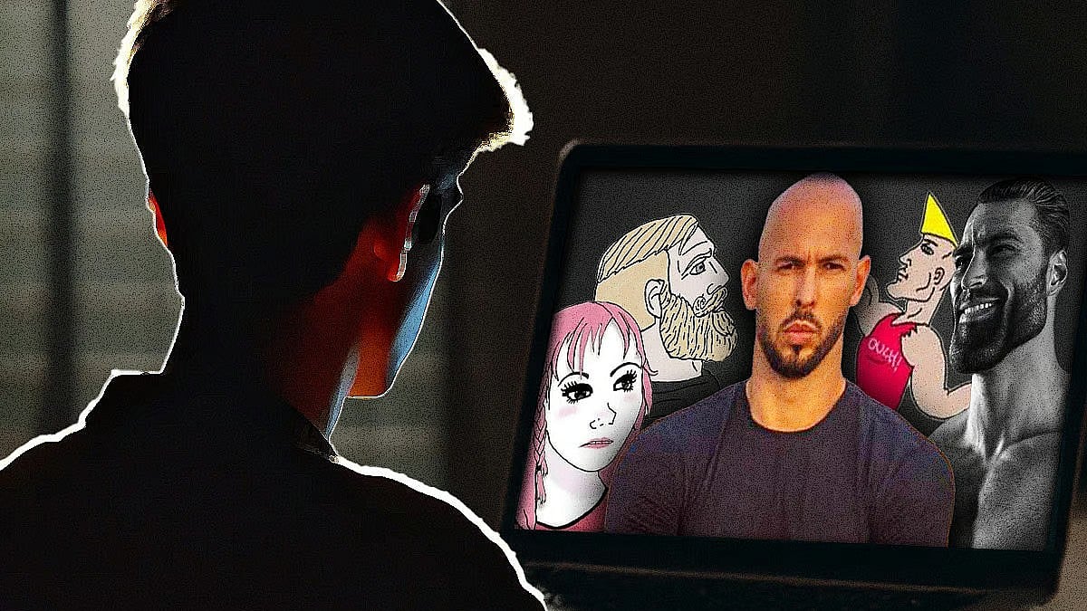 Illustration of a young man looking at a screen that has a photo of Andrew Tate.