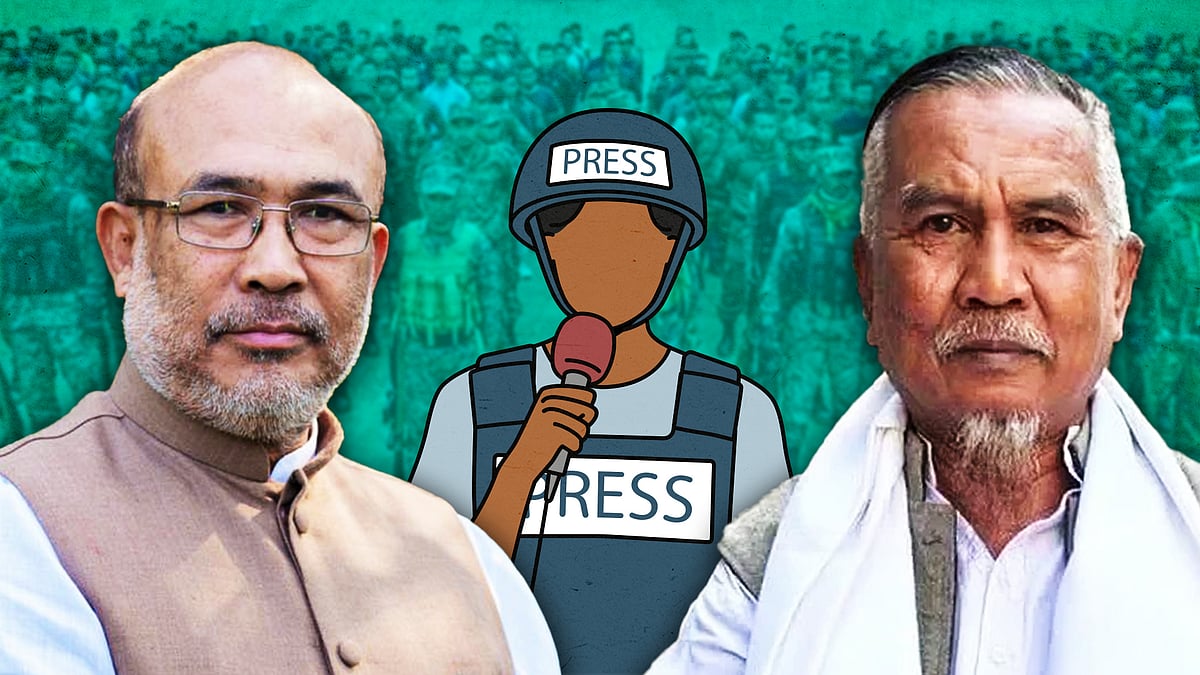 Biren Singh, Yambem Laba, with an illustration of a journalist in between.