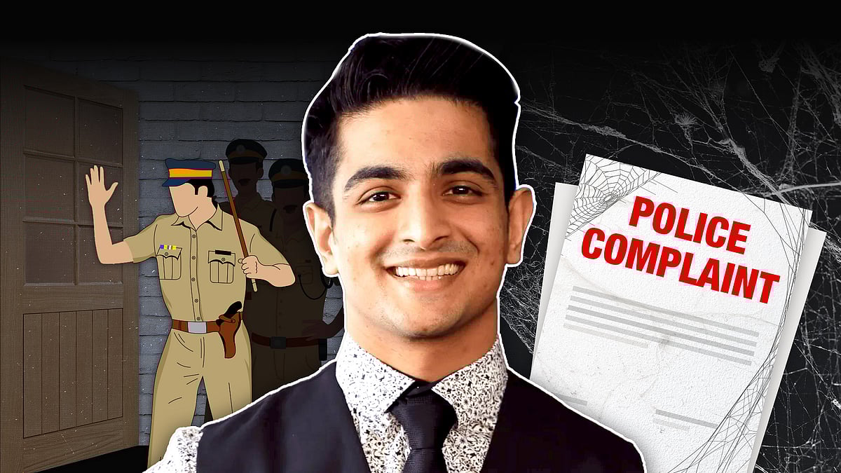 Ranveer Allahbadia with a picture of a policeman on one side, a cobwebbed police complaint on the other.