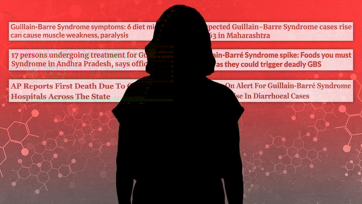 Headlines on the GBS outbreak in India with the outline of a figure.