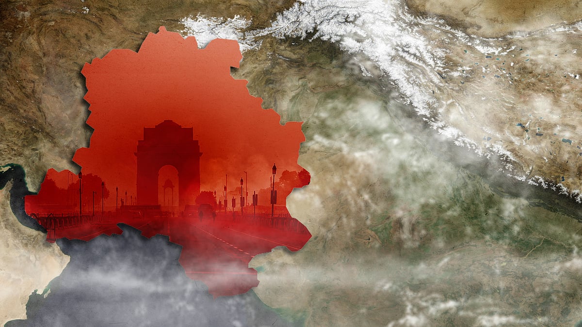 Delhi map showing India Gate shrouded in smog.