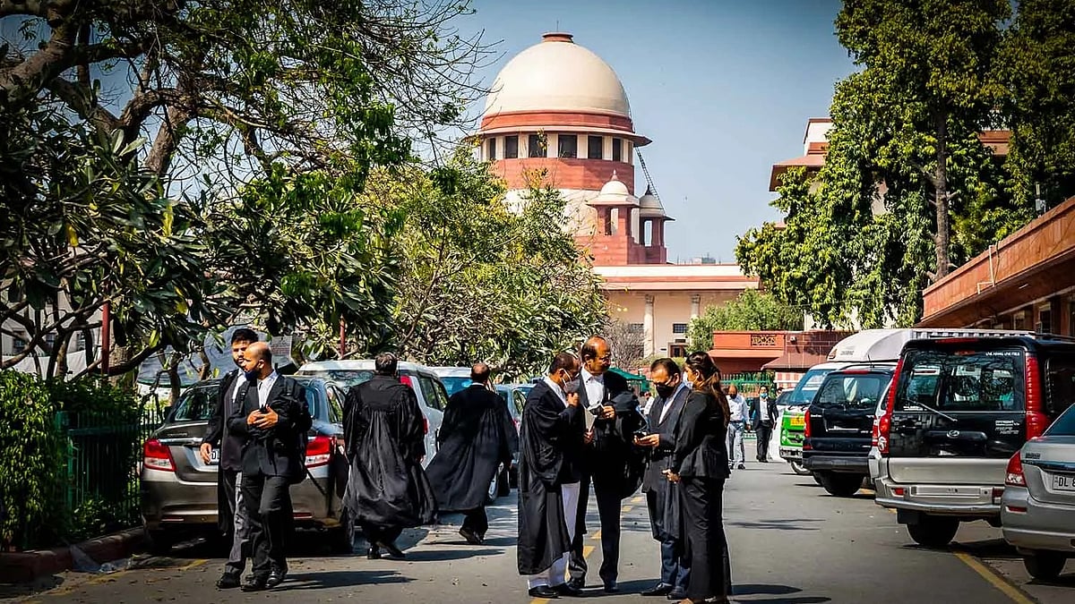 Lawyers standing outside the Supreme Court.