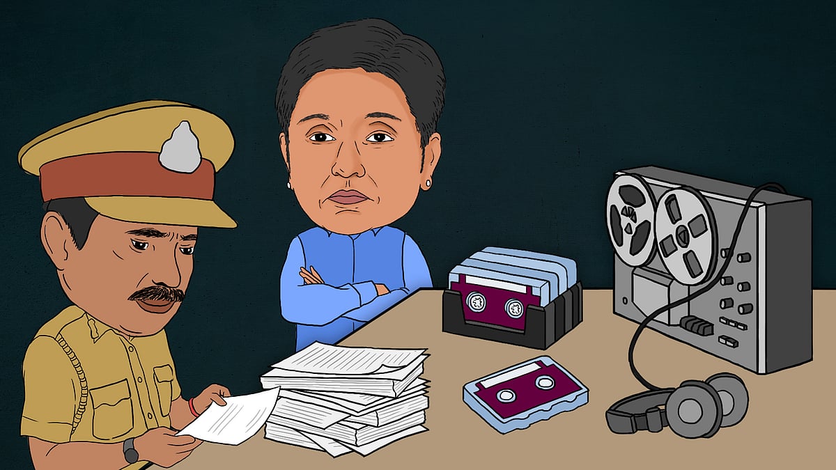 lllustration of Kiran Bedi with a policeman with phone tapping equipment and documents.