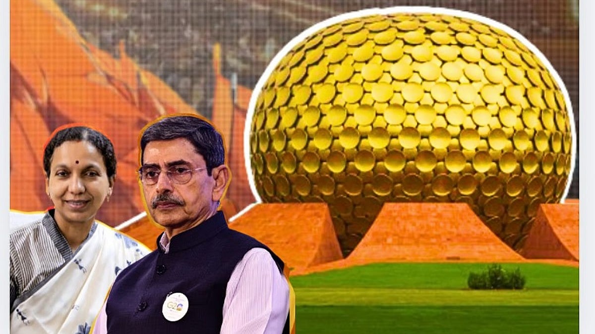 IAS officer Jayanti Ravi, TN Governor RN Ravi, and a picture of the Matrimandir.