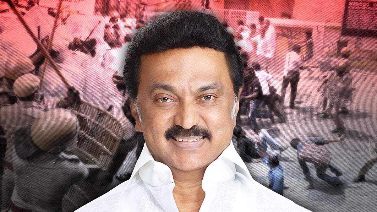 MK Stalin with an image of police behind him.