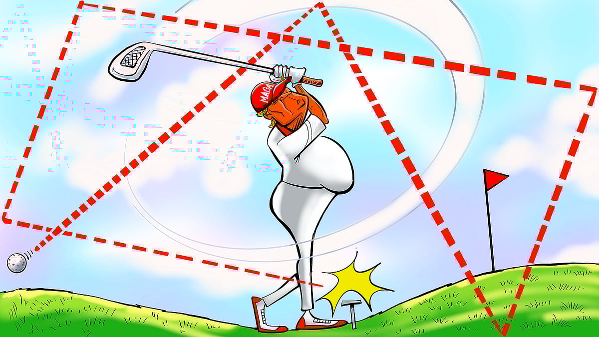 Cartoon of Donald Trump in golfing attire, club raised, with the ball ricocheting around him.