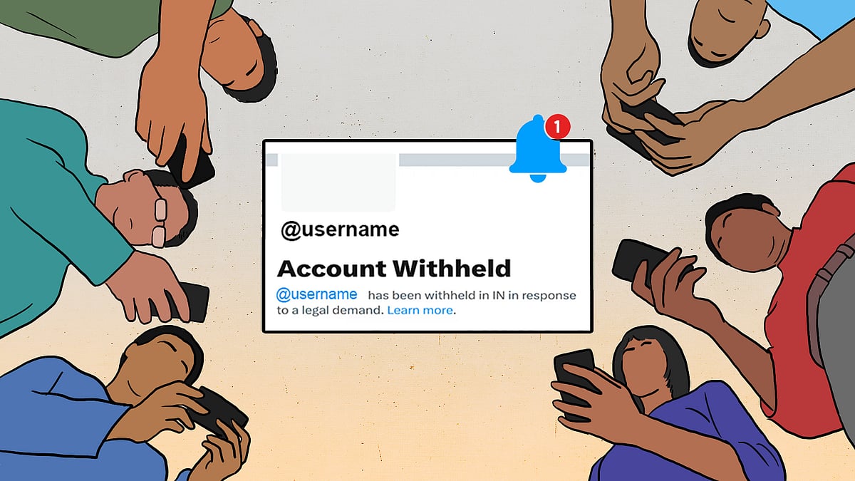 Illustration of people looking at their devices with a screenshot of X’s ‘account withheld’ notice.