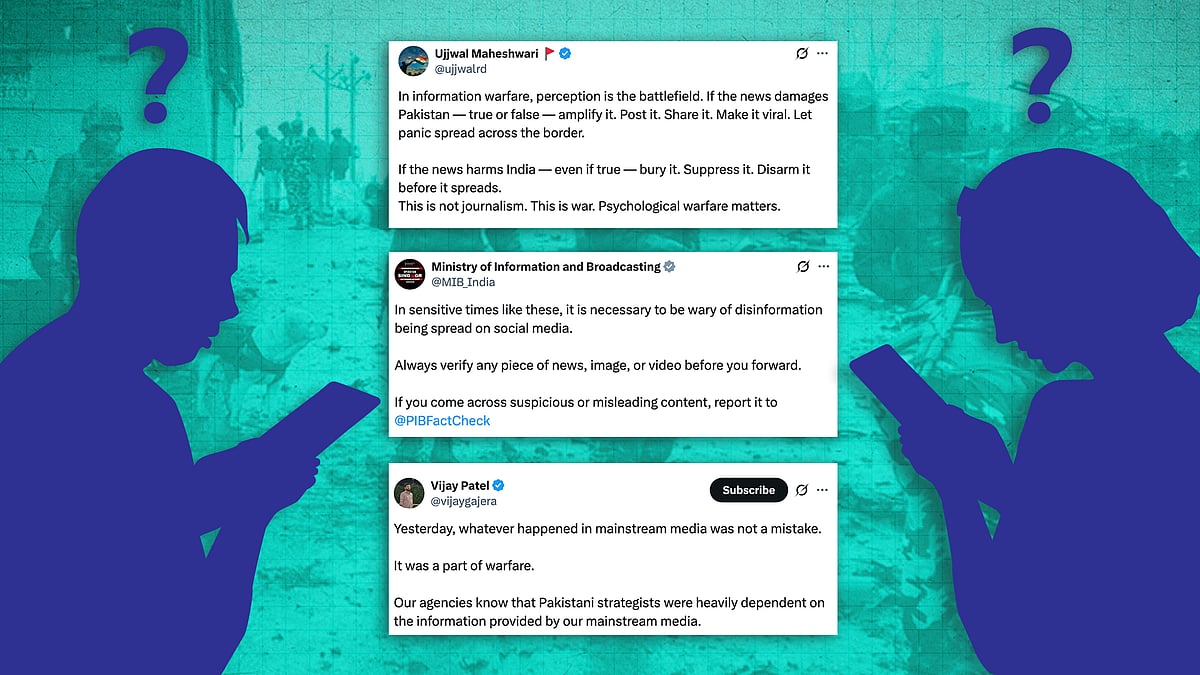 People looking at their phones alongside tweets on information warfare. 