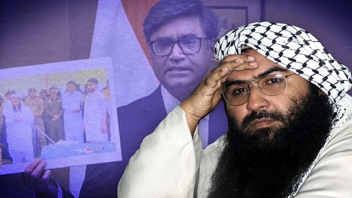 Masood Azhar with an image of foreign secretary Vikram Misri.