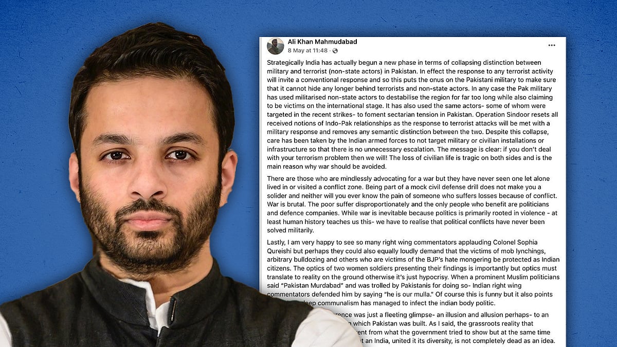 प्रोफेसर अली खान महमूदाबाद की तस्वीर और बैकग्राउंड में सोशल मीडिया पर किया गया पोस्ट.