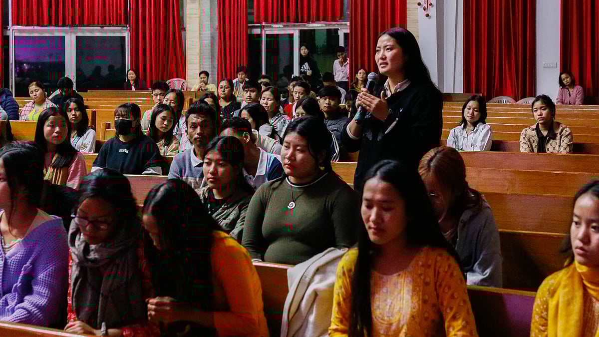 A youth member of a church in Doimukh, a town in Arunachal Pradesh, speaks during a session about the state’s APFRA