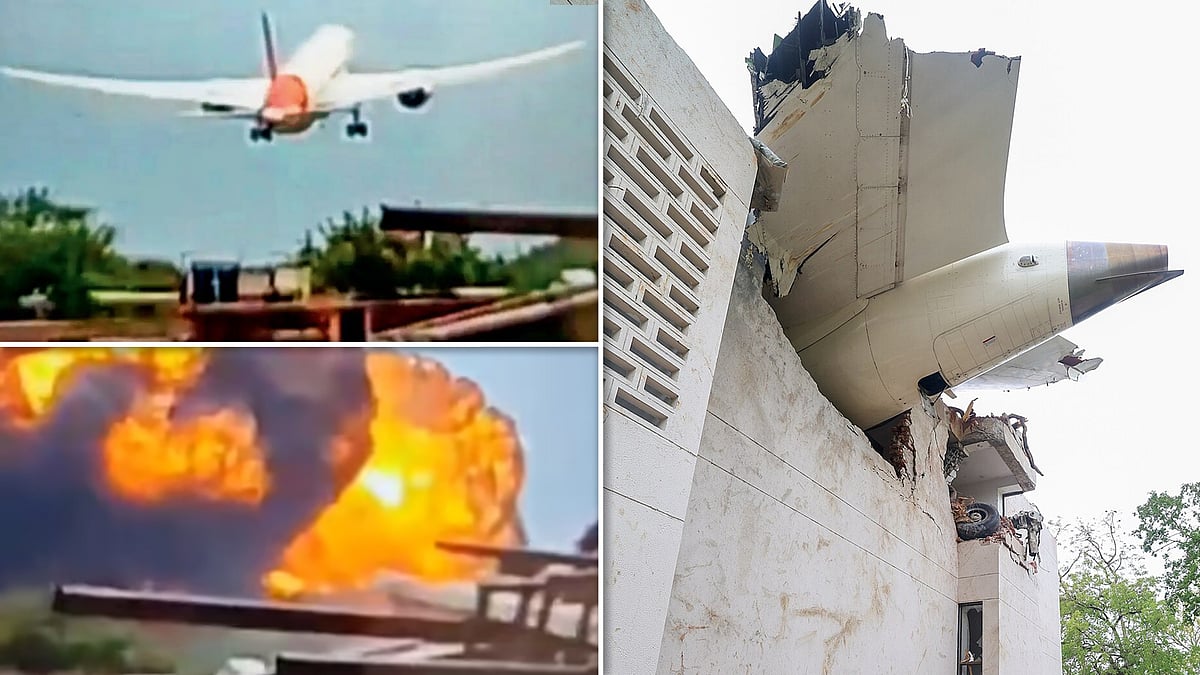एयर इंडिया के विमानों के उड़ान भरने, विस्फोट और दुर्घटना के विभिन्न चरणों की तस्वीरों का एक कोलाज