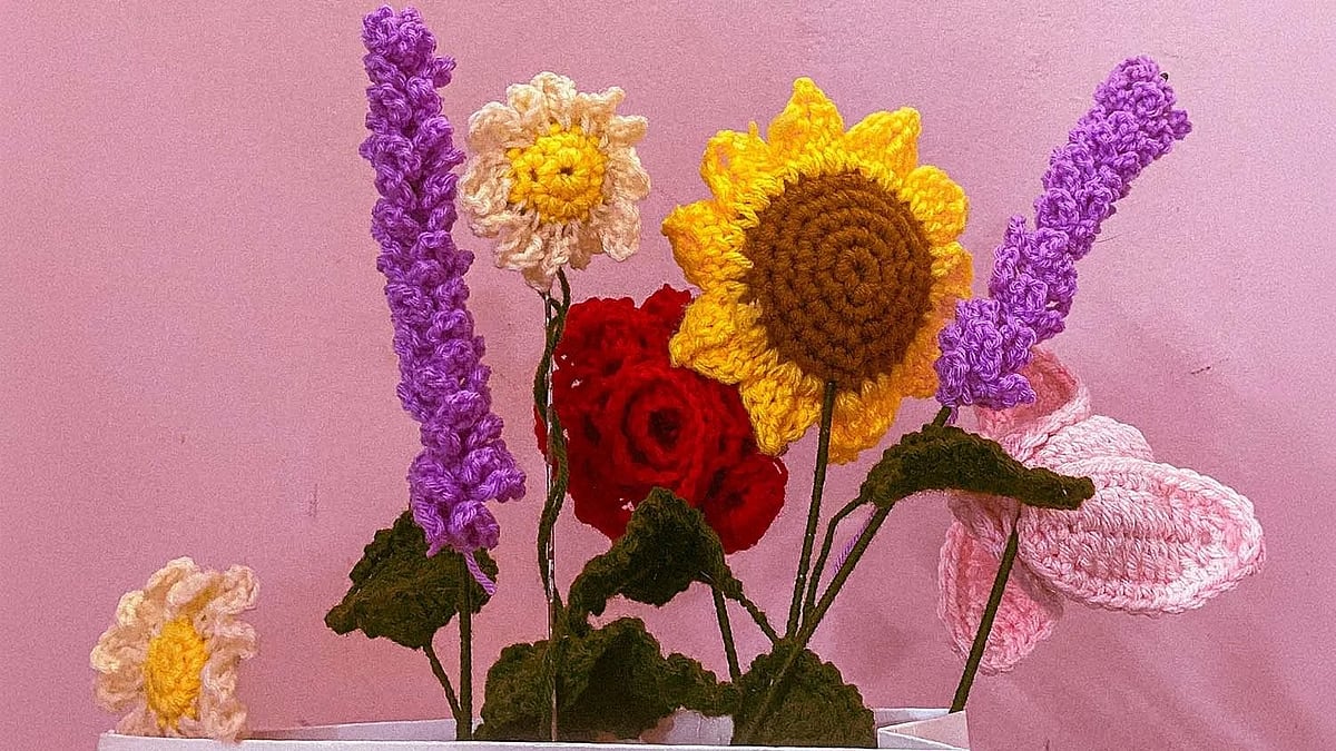 A crocheted bouquet of flowers crafted by Sohail, one of the first orders of his newly launched business.