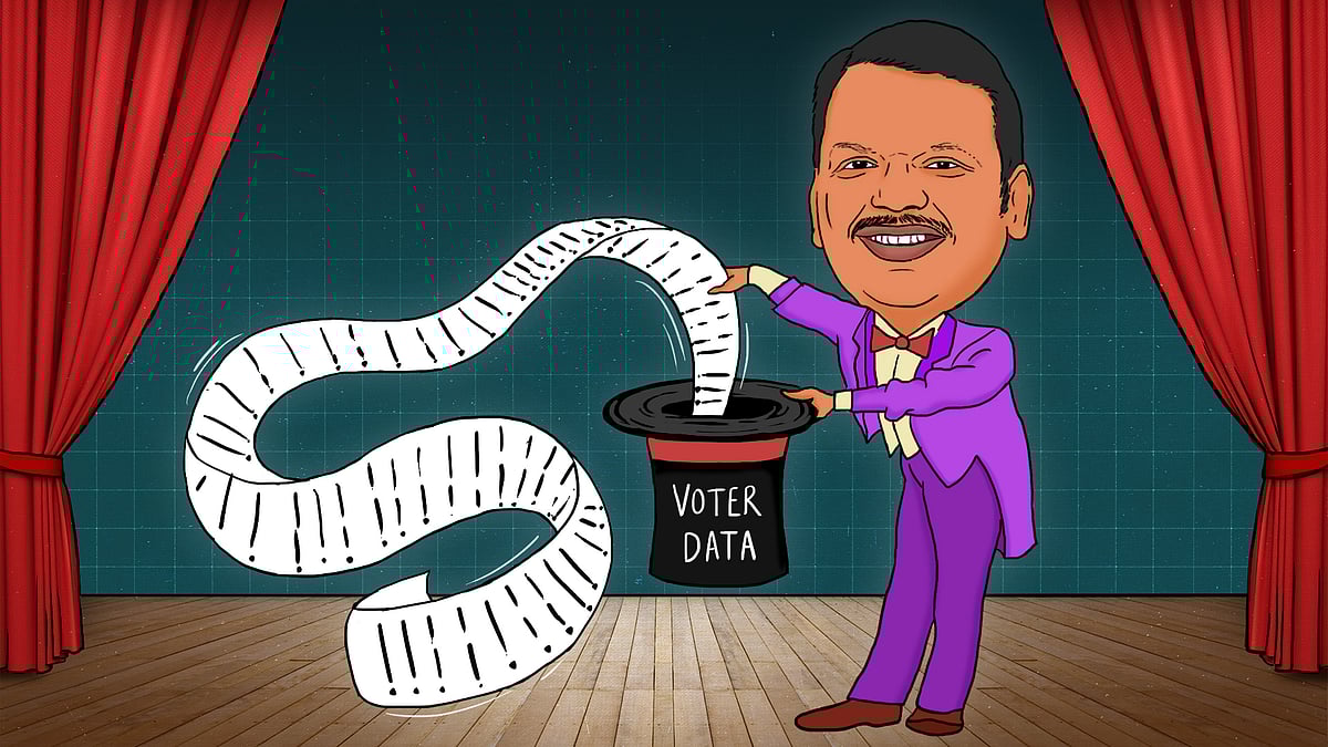 Illustration of Devendra Fadnavis pulling a long piece of paper out of a hat labelled ‘voter data’.