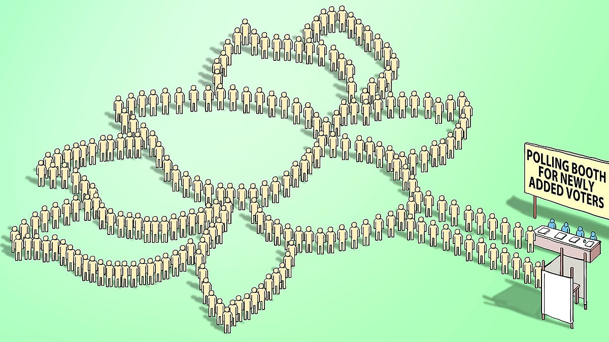 Cartoon of people queued up in the shape of a lotus.