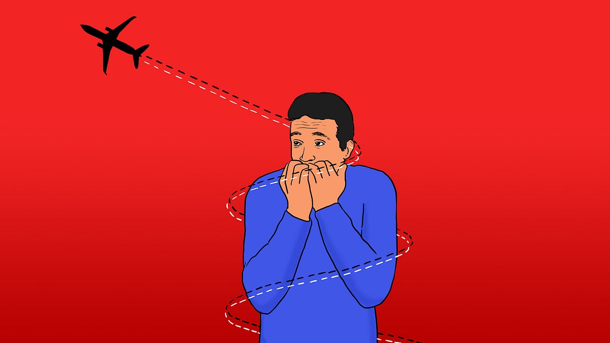 Illustration of a man looking nervous while a tiny aeroplane loops around him.