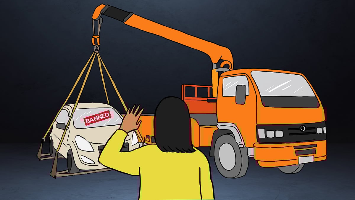 Illustration of a crane lifting a car that has a sticker saying ‘Banned’ while a woman watches. 