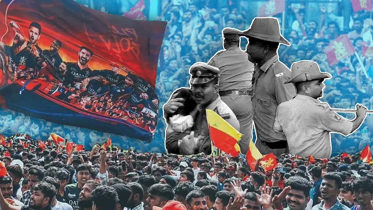 Collage showing the RCB stampede, the RCB flag, and cops.