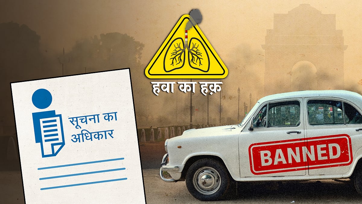 एक सरकारी वाहन और सूचना के अधिकार लिखा एक दस्तावेज.