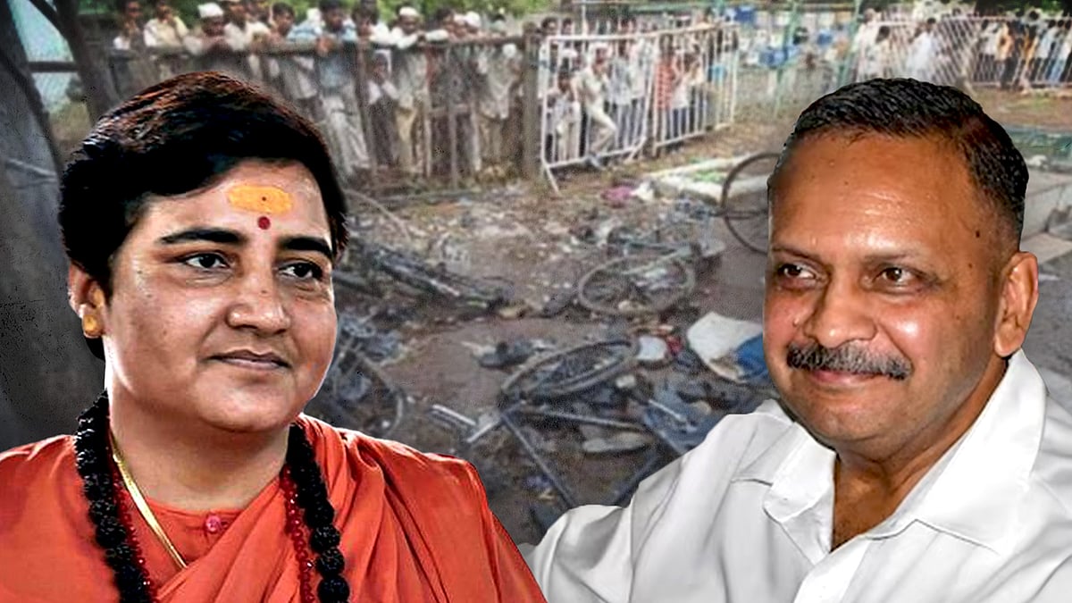 Image of 2008 Malegaon blast aftermath with cutouts of Sadhvi Pragya and Lt Col Purohit. 