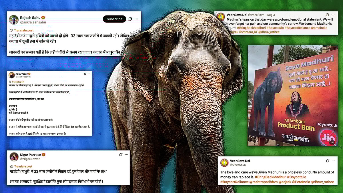 महादेवी को लेकर विभिन्न वर्गों के ट्वीट का स्क्रीनशॉट और बीचे में उसकी तस्वीर.