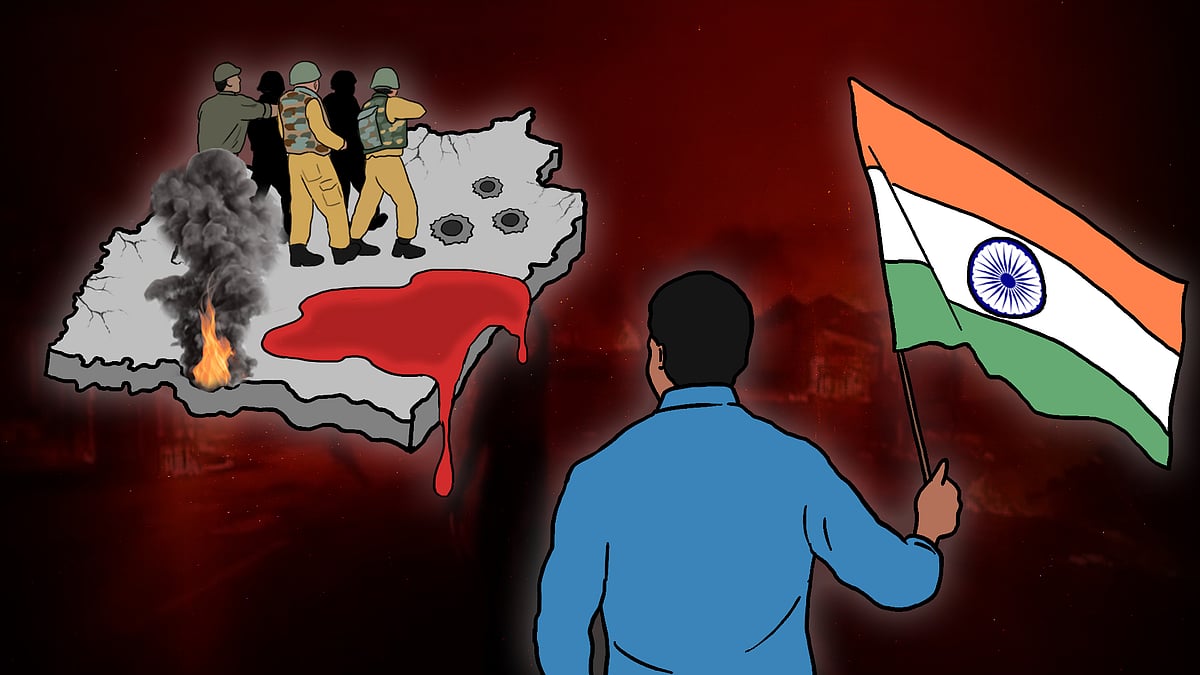 हाथ में तिरंगा थामे एक शख्स का चित्रण जो मणिपुर के नक्शे की तरफ देख रहा है. 