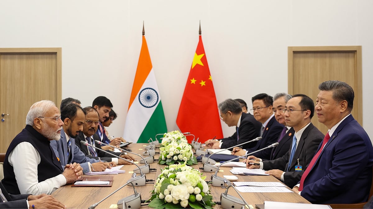PM Modi and Xi Jinping at a bilateral meeting on the sidelines of the BRICS Summit in Russia in October 2024. 