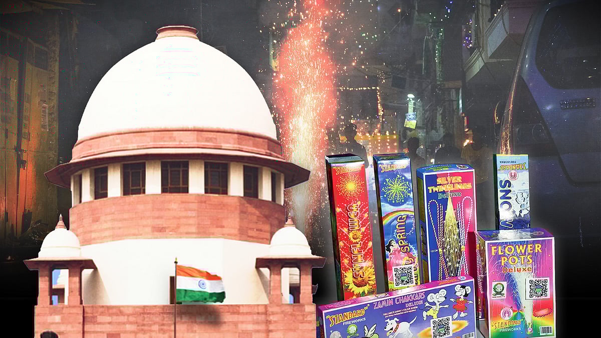 सुप्रीम कोर्ट के भवन की तस्वीर और साथ में कुछ ग्रीन पटाखों की फोटो.