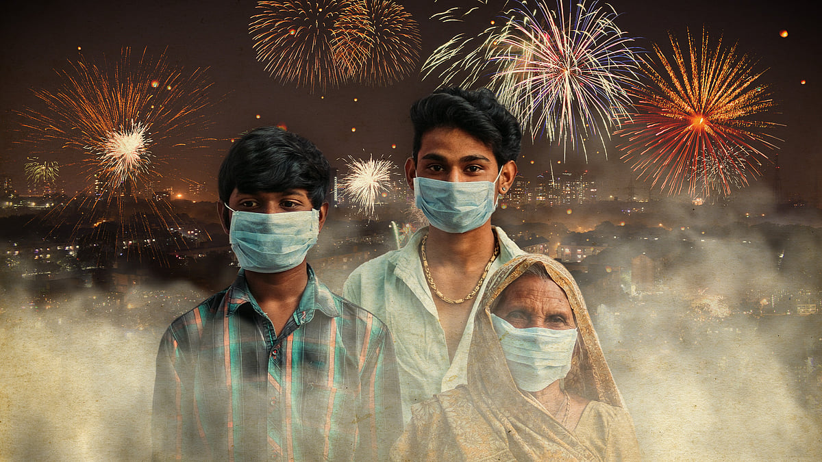 Illustration of three people wearing masks, surrounded by smoke, while fireworks burst overhead. 