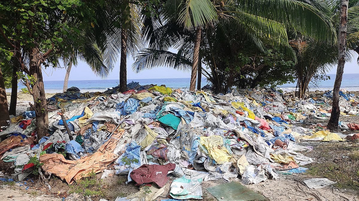 Waste dumped in one of the beaches of Kadmat island.