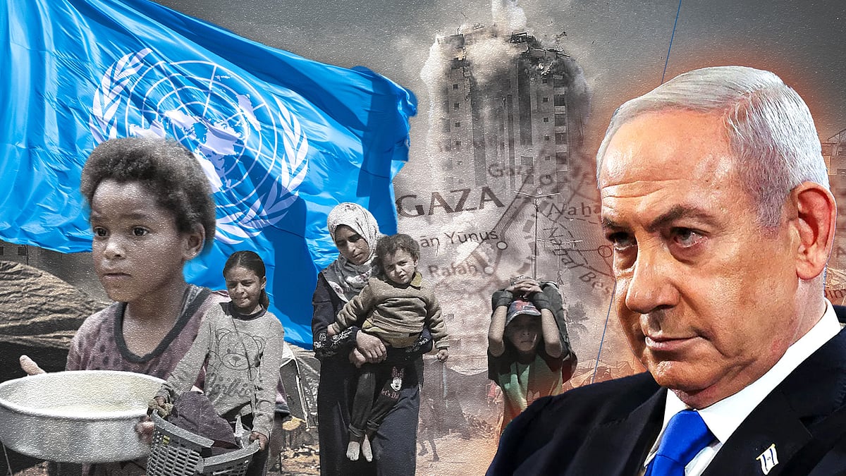 Images from Gaza with a UN flag and a cutout of Netanyahu. 