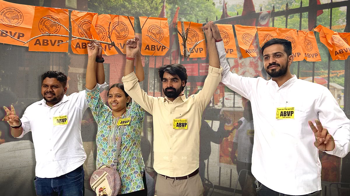 ABVP’s Vikas Patel, Tanya Kumari, Rajeshwar Kant Dubey, and Anuj Damara.