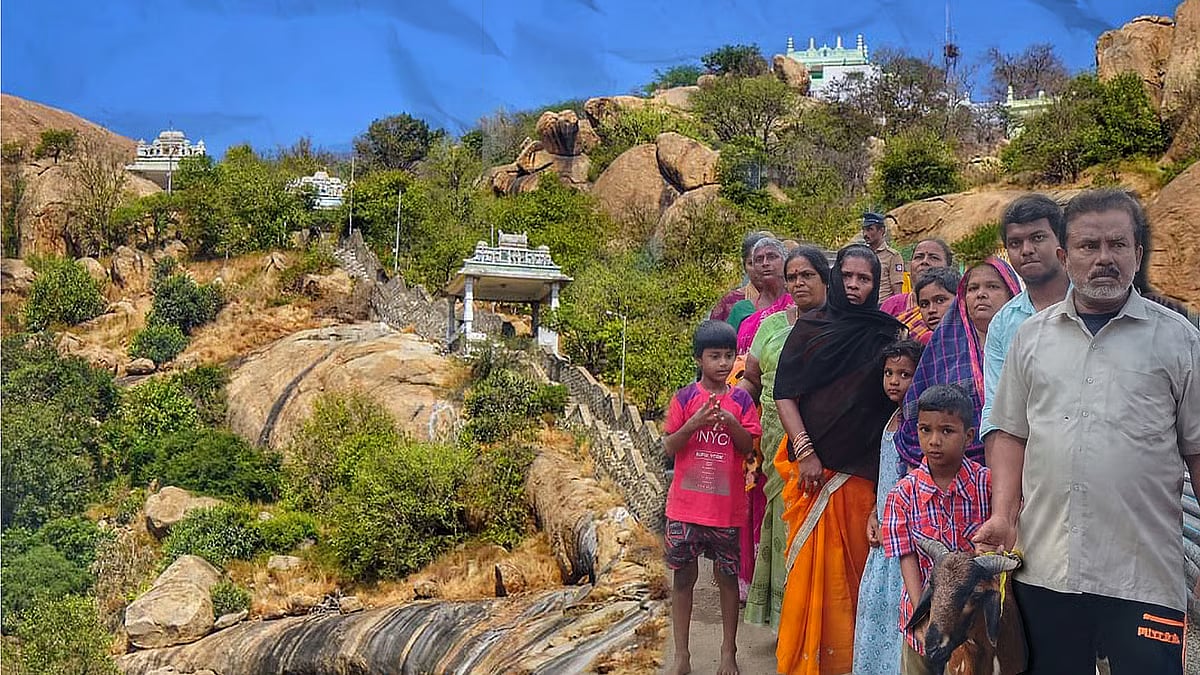 Abu Thahir and others with the hilltop dargah at Thiruparankundram in the background.