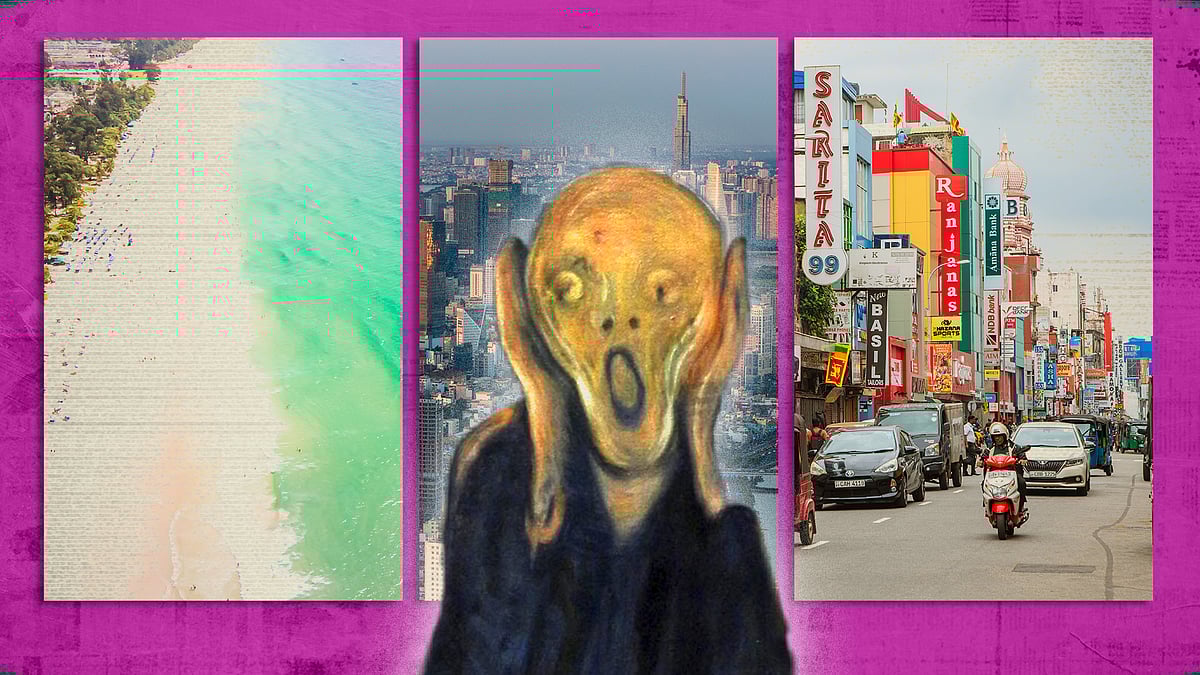 Edvard Munch’s The Scream in the foreground with photos of Thailand, Vietnam and Sri Lanka. 