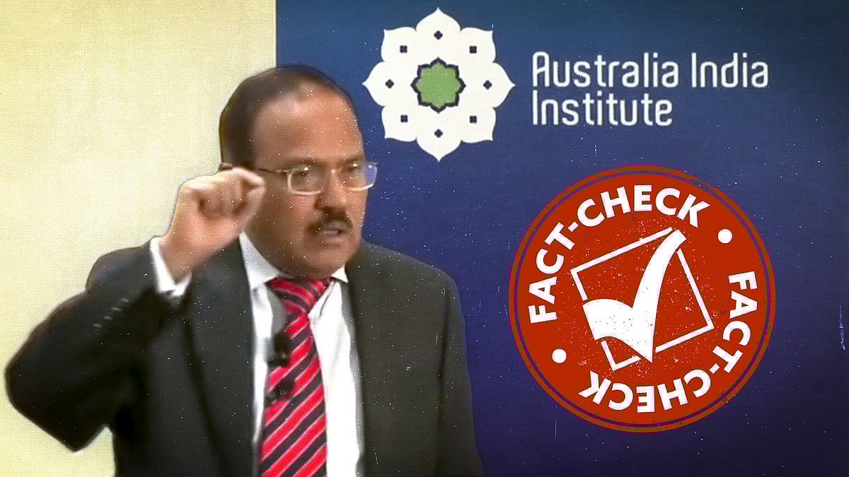 एनएसए अजीत डोभाल की तस्वीर. साथ में ऑस्ट्रेलिया इंडिया इंस्टीट्यूट और फैक्ट चेक का लोगो.