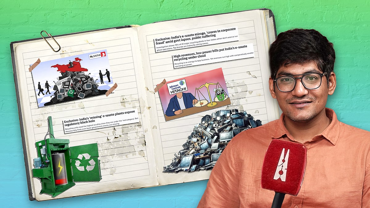 Reporter Shivnarayan Rajpurohit with a diary showing pictures from his e-waste investigation.