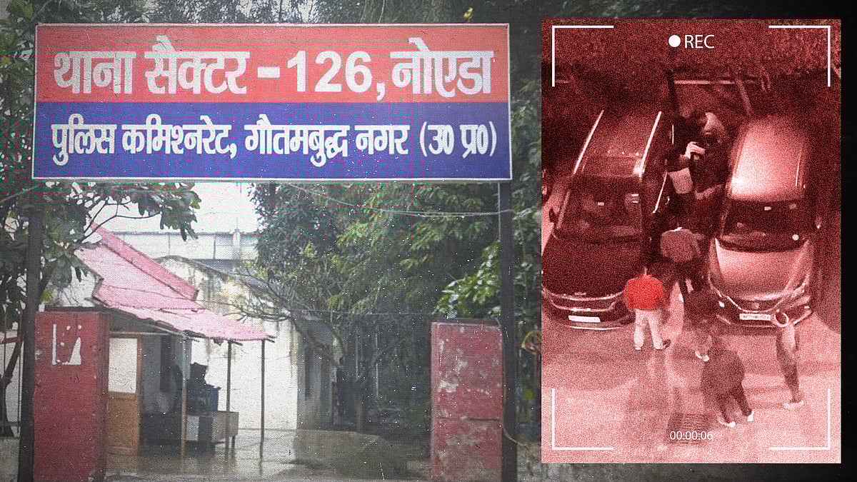 नोएडा के संबंधित थाने की फोटो और साथ में पार्किंग में झगड़ते लोगों की वीडियो का स्क्रीनशॉट