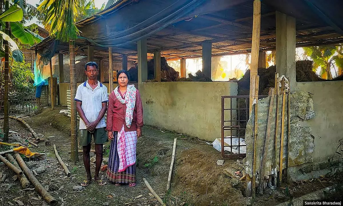 Mridul and Binita Buragohain at their pig farm in Betbari in Sivasagar district of Assam. (Photo: Sanskrita Bharadwaj) 